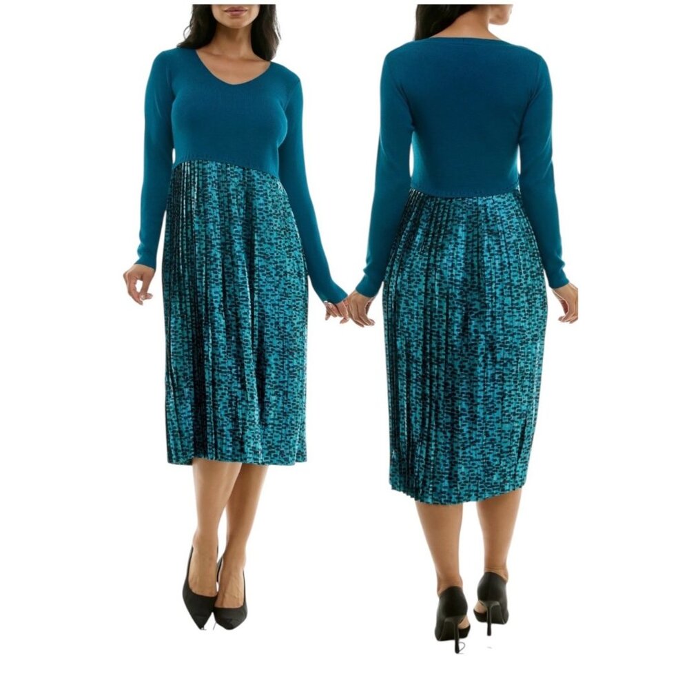Nina Leonard Womens Long Sleeve Mixed Media Dress Teal Multi Size Small